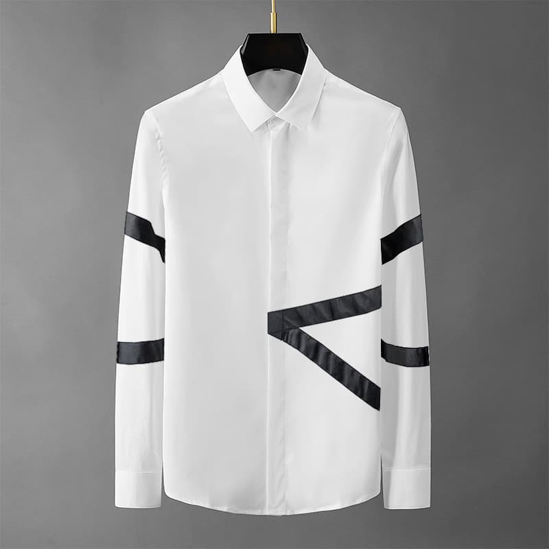 [EleganceWeave] Men's Premium Shirt - Slim Fit Ribbon Trim | Business Casual Cotton