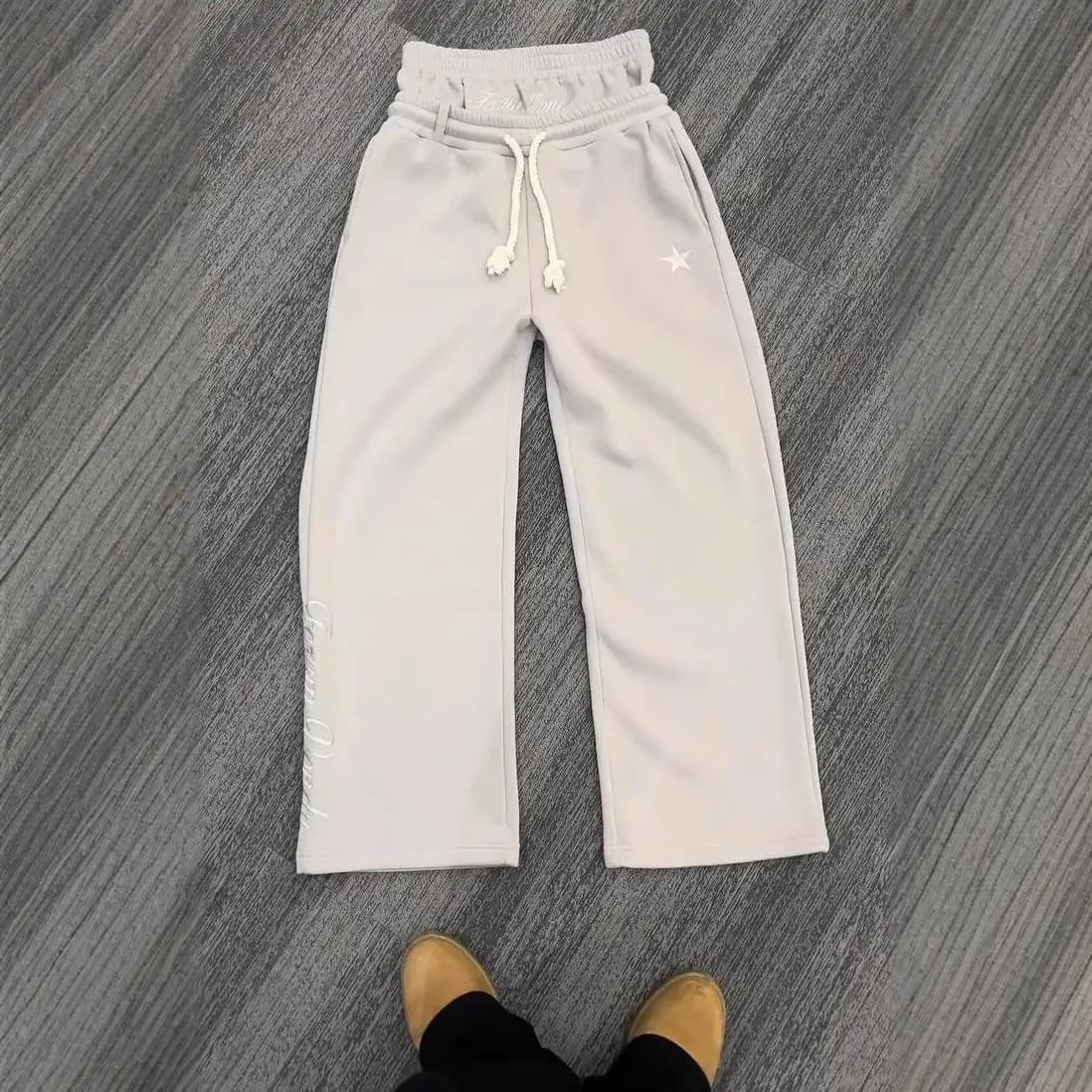 Men's Clothing Double Waistband Embroidered Sweatpants Men And Women Trendy High Street Trousers Two Piece Pants Loose Wide Leg Pants
