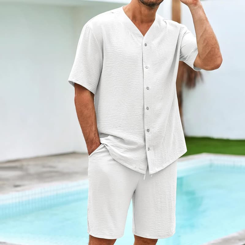 men's Clothing Summer Fashion Casual Solid Color Button Shirt Shorts Two-piece Men's Suit Wholesale