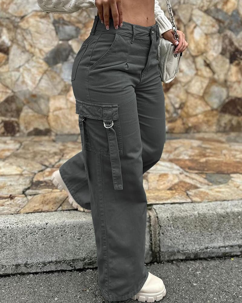 Women's Casual Patch Pocket Cargo Straight Pants