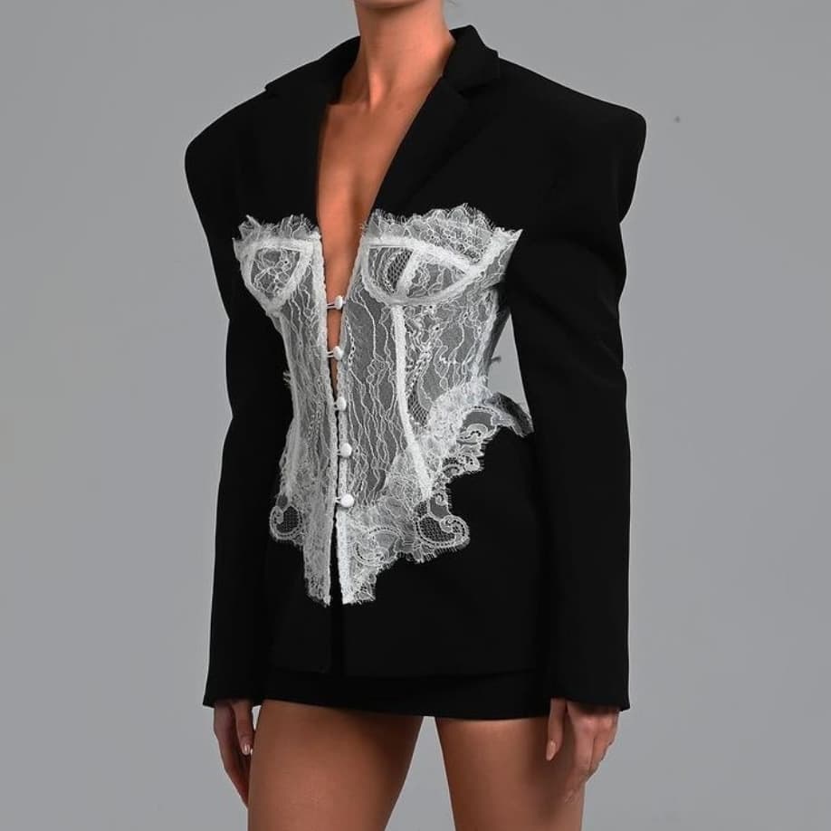 Women's Clothing temperament lace splicing suit autumn new women's slim waist long sleeve long coat