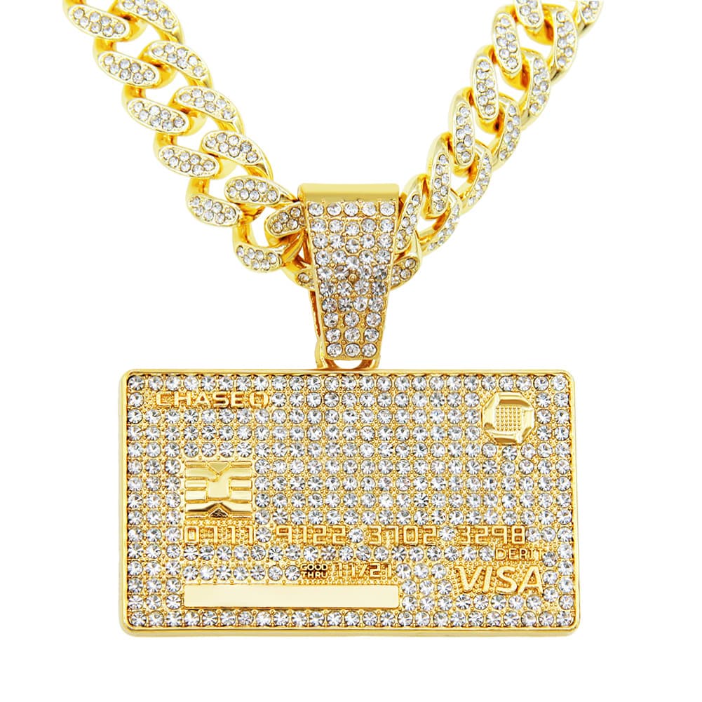 Men's Hip Hop Full Iced Out Credit Card Pendant Necklace With 13mm Width Cuban Chain Gold Color Necklaces Charm CZ Jewelry Gift