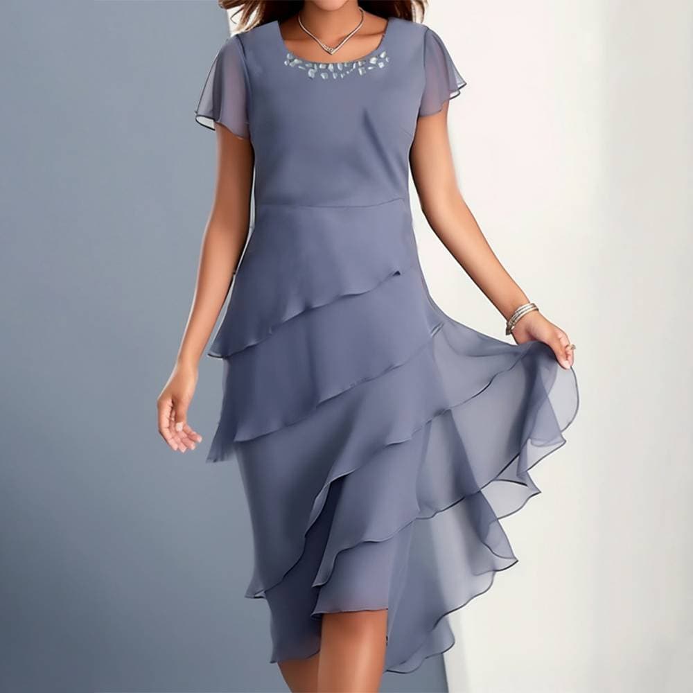 Women’s Clothing Summer Dress Splicing Chiffon Round Neck Short Sleeved Dress
