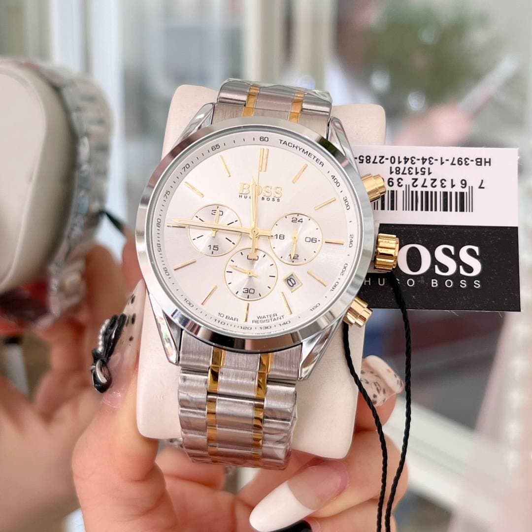 Montre à quartz BOSS avec bracelet en métal, or et argent, chronographe, étanche à 10 bars, élégante pour le travail et les loisirs