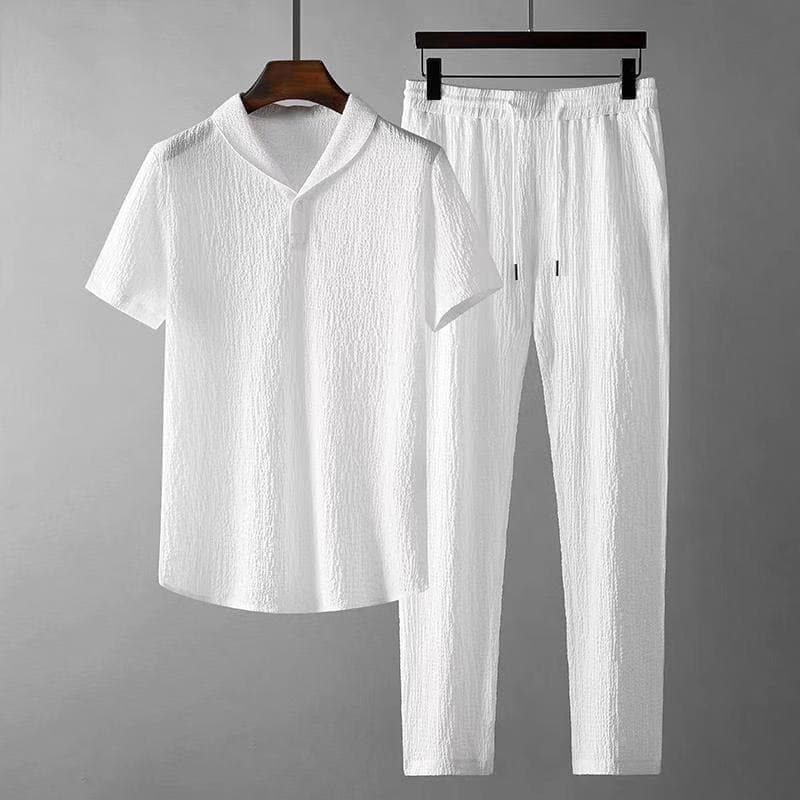 Men's Light Luxury Pleated Cotton Casual Sports Suit Light Comfortable Breathable Fashionable Lapel Short-Sleeved Two-Piece Suit
