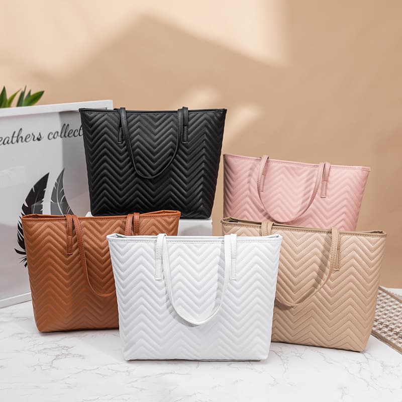 water ripple embroidery tote bag fashionable and generous large capacity solid color zipper women's shoulder bag