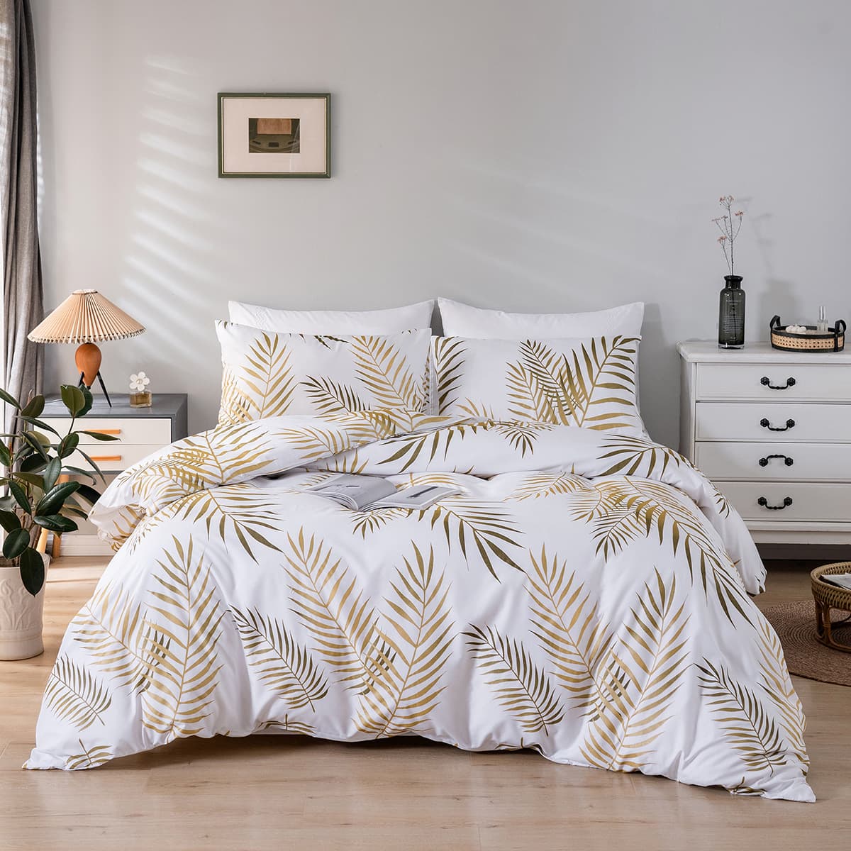 Plant Floral & Golden Leaf Pattern Duvet Cover Set - Nordic Style, Active Printing, Soft Fleece & Twill Fabric