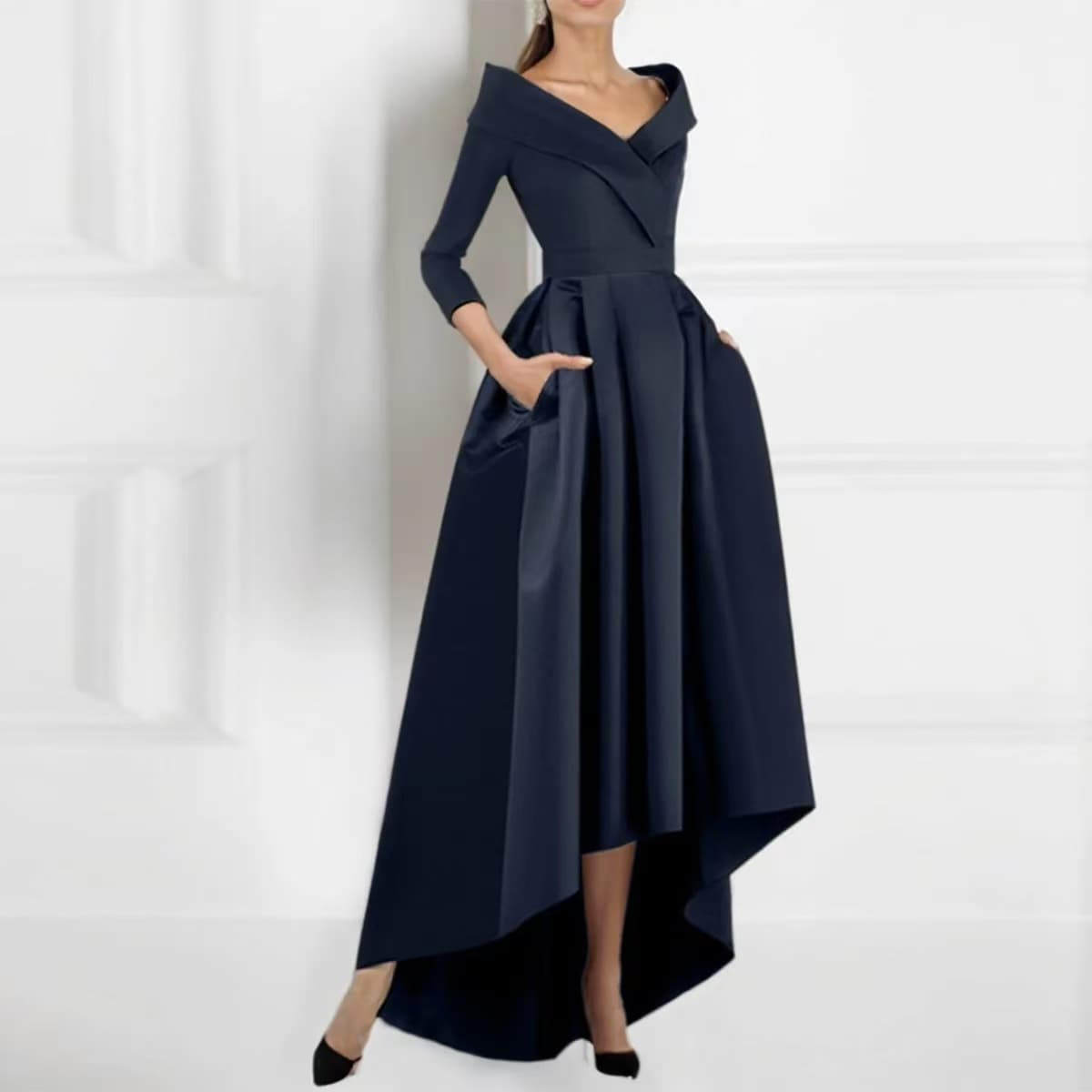 Women's Clothing Slim Front Short Back Long Temperament Elegant Lady Long Sleeve Dress