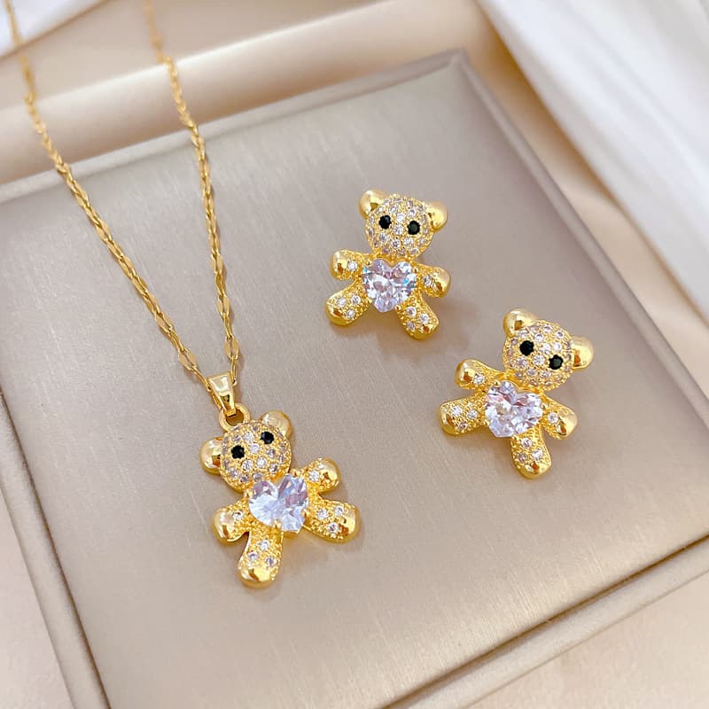 Heart Crystal Teddy Bear Necklace Earrings Sets Stainless Steel Bijoux Femme Zircon Luxury Designer Jewelry Gifts For Women Girl