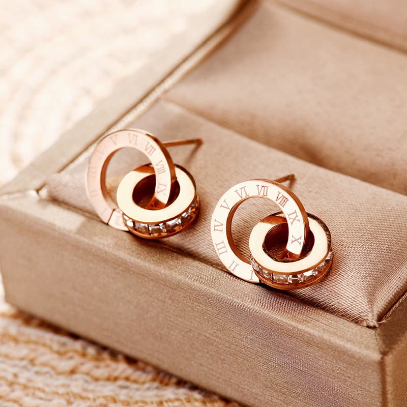 Europe And The United States Rome Diamond New Creative Earrings Rose Gold Titanium Steel Earrings Women's Double Ring Popular Earrings