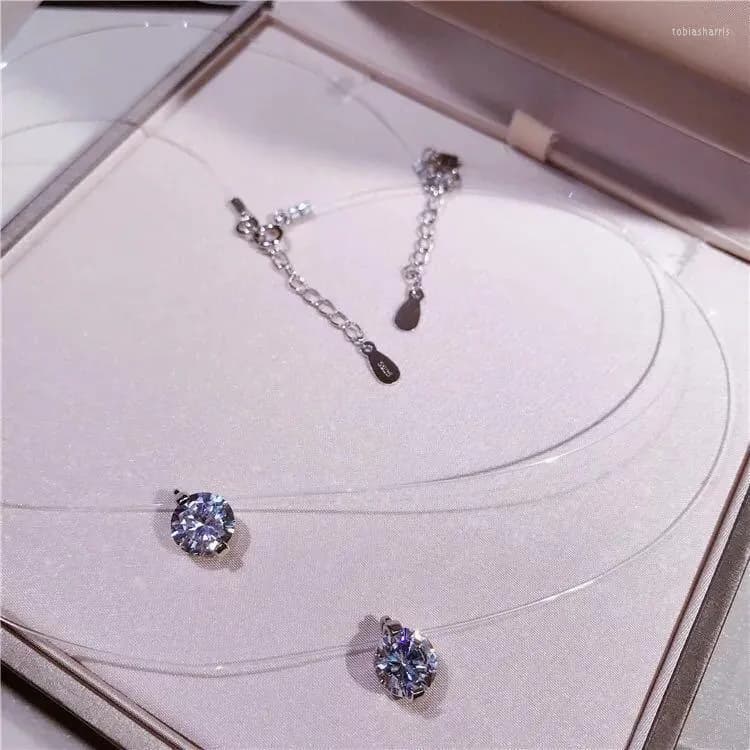 True Sterling Sier Dazzling Zircon Necklace Invisible Transparent Fishing Line Simple Pendant Personality Jewelry Chains