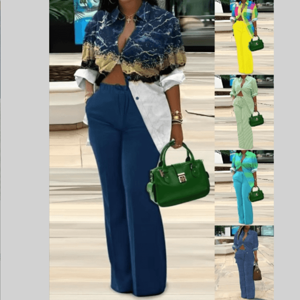 Women's fashion casual all-in-one printed long-sleeved pants suit