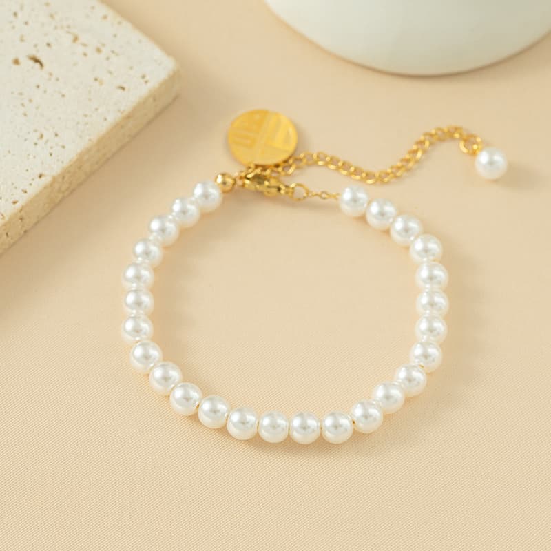 Fashion Stainless Steel Chain String Pearl Bracelet China Fu Character Round Brand Pendant Bracelet Jewelry