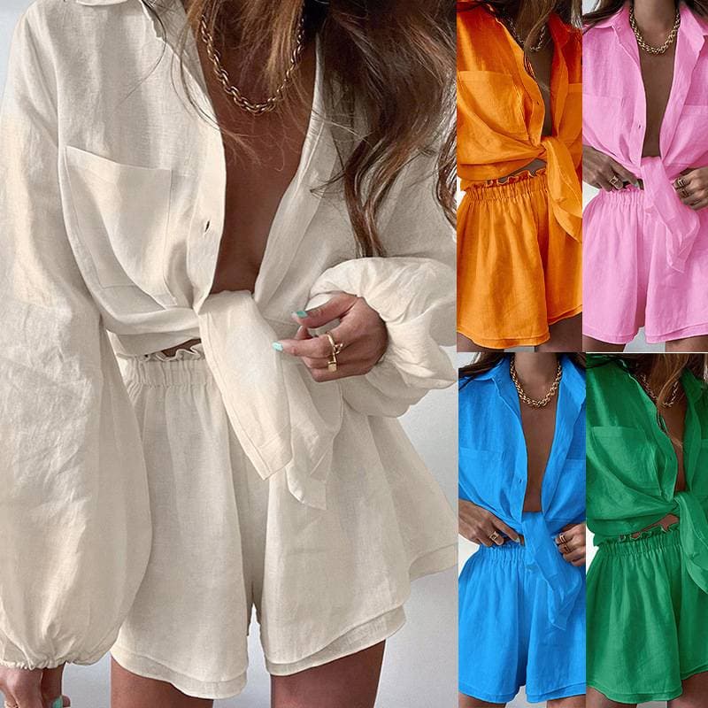 2024 Women Spring Summer Bohemian Shorts Sets Solid White Loose Fit Outfits Blouse Suit 2 Two Piece Set For Women