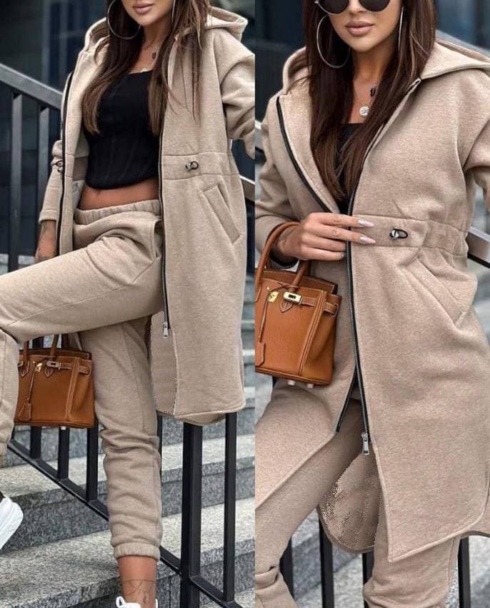 Women's Fashion Casual Hooded Fleece Hoodie Coat Two-piece Set