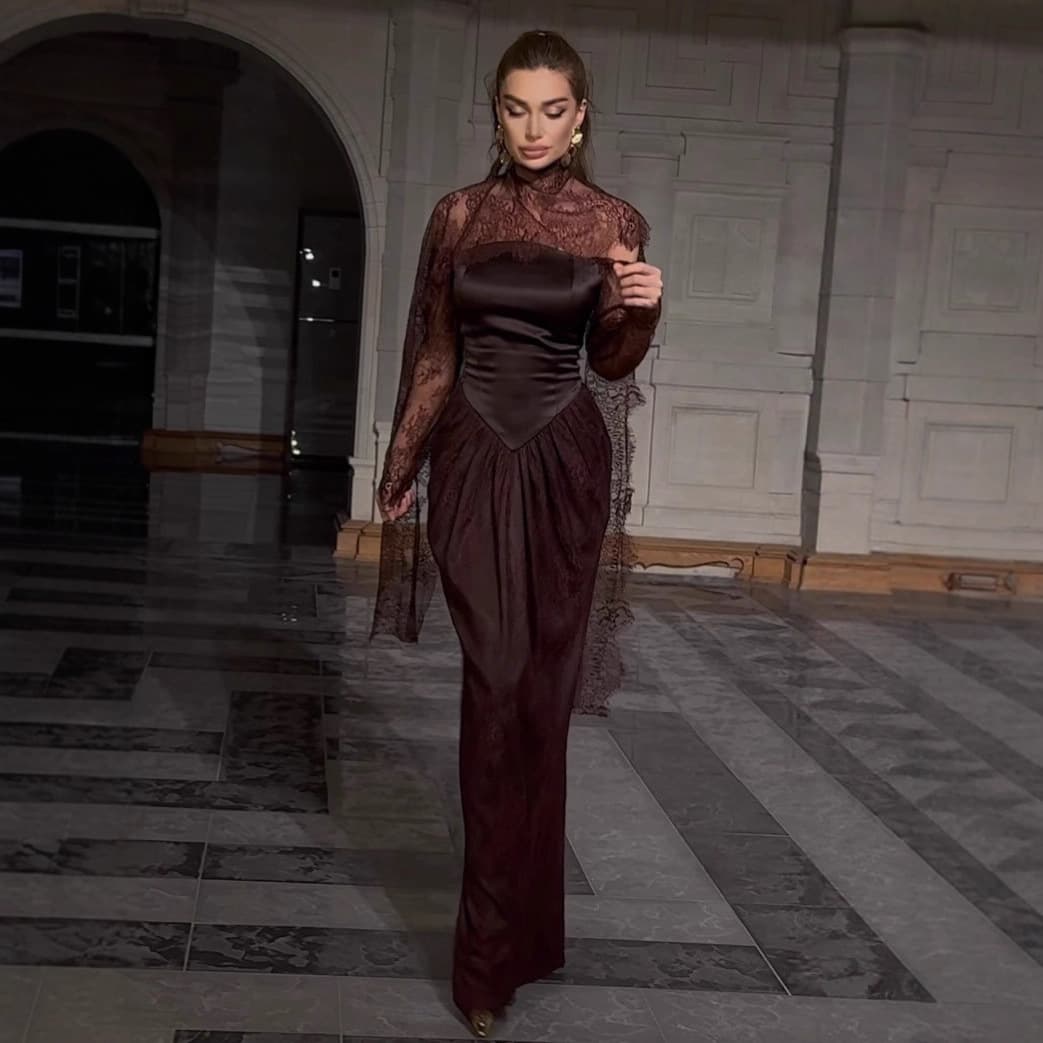 ​​Elegant Long Sleeve Lace A-Line Evening Gown – High Neck Formal Dress With Floral Embroidery For Fall Banquets​​