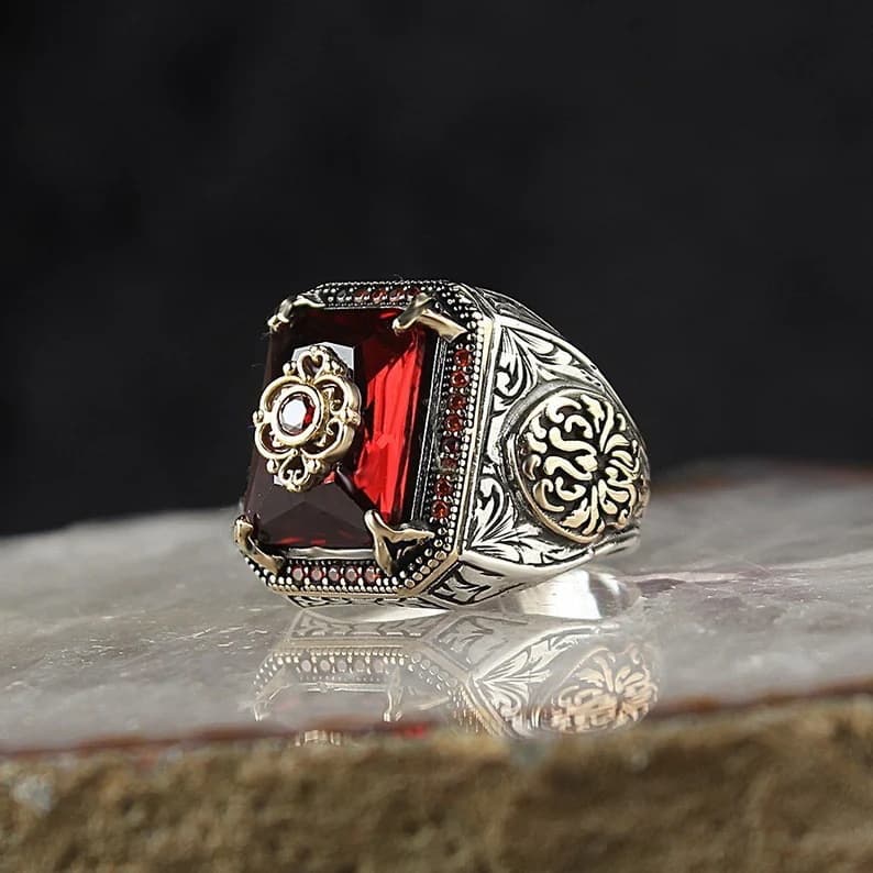 European and American retro ethnic style, personalized and fashionable men's and women's rings with texture inlaid sea blue zircon stones