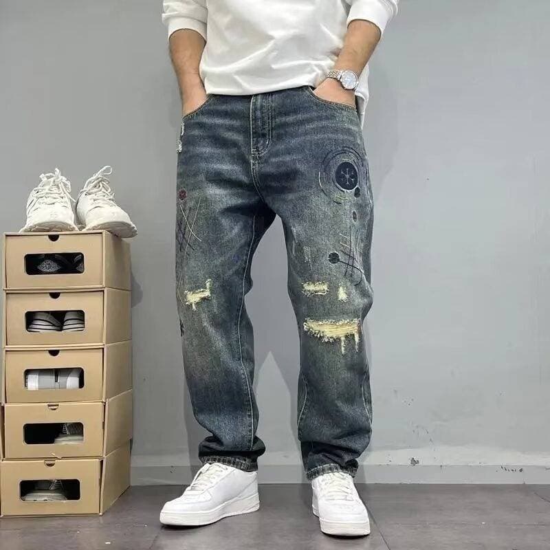Men's Clothing Fashion Brand Loose Straight Ripped Spring And Autumn Patch Jeans Men's Retro Distressed Harem Tapered Pants