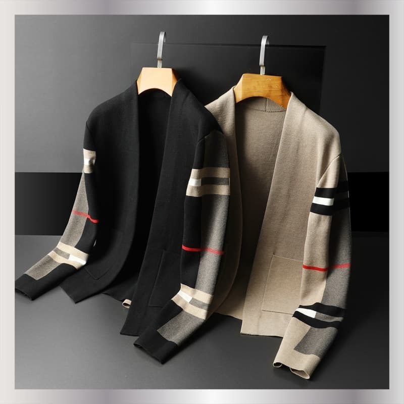 ​​Men's Slim Fit V-Neck Knit Cardigan Checkered Pattern, Lightweight & Stylish For Autumn​​