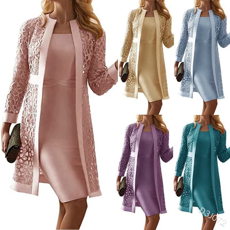 Women's Clothing Spring And Summer New Stock Women's Color Lace Cardigan Dress Two Piece Jacket