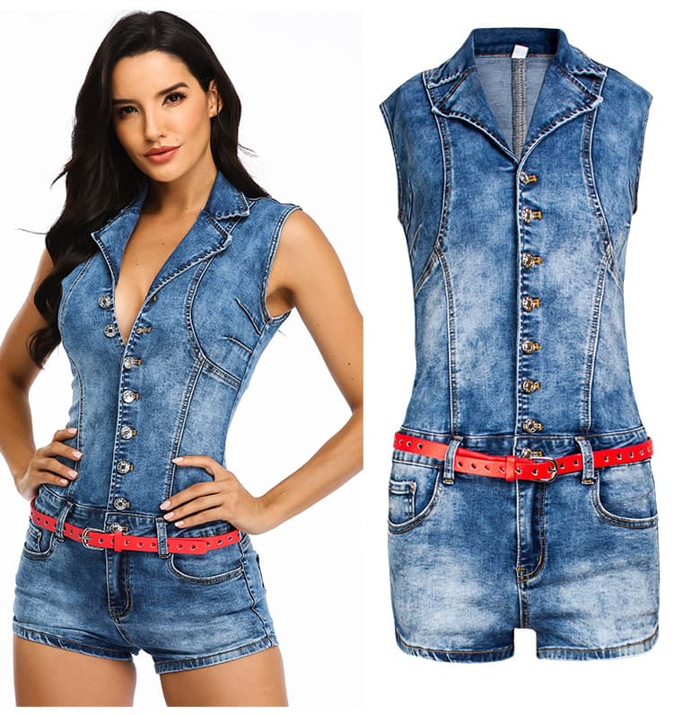 Women's single breasted sexy waist slimming denim romper shorts