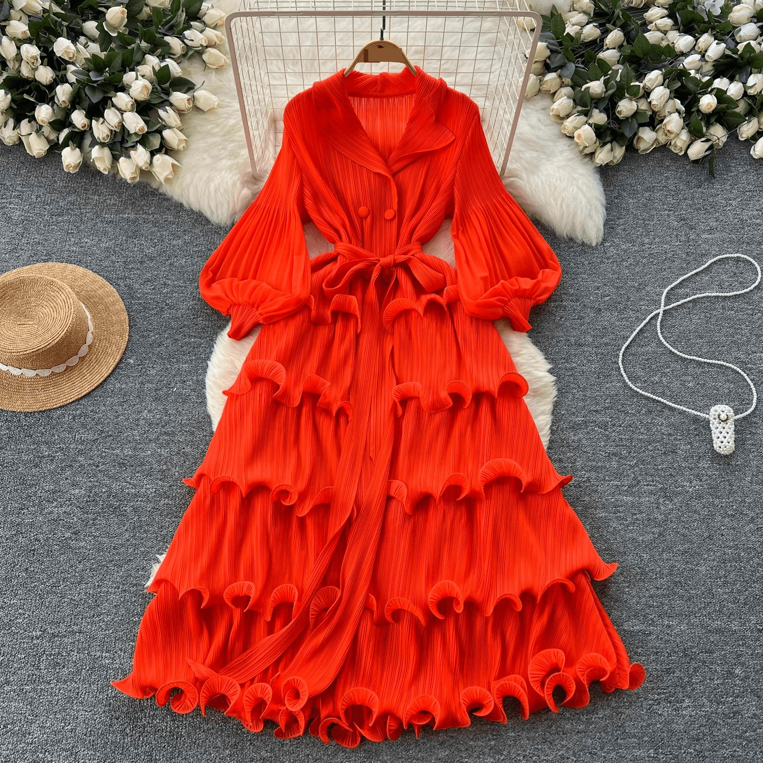 Women's Clothing Skirt Spring Dress High End Retro Lapel Lantern Sleeve Waist Ruffle Pleated Dress For Women
