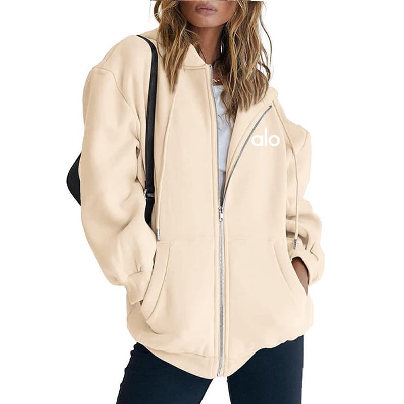 Sweat à capuche ample et zippé pour femme, logo brodé, manches longues, style décontracté et sportif
