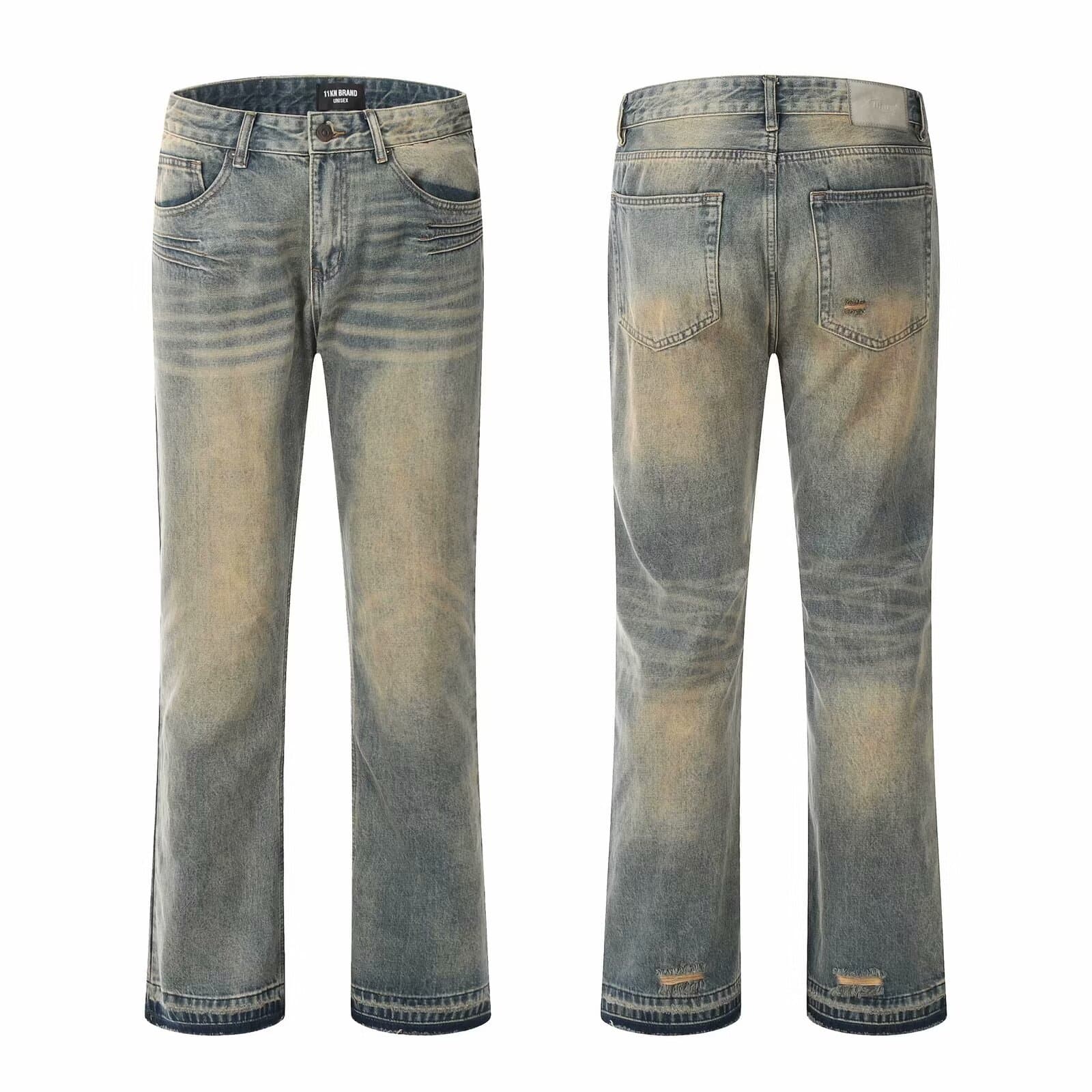 Men's Clothing High Street Vibe Distressed Yellow Mud Dyed Washed Jeans Men's Trend Ins Straight Flared Cleanfit Pants