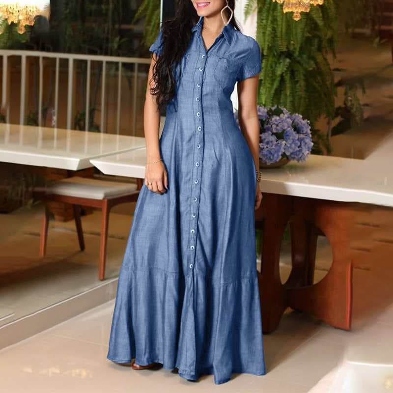 Women's New Hot Sale Temperament Shirt Collar Large Swing Skirt Denim Dress
