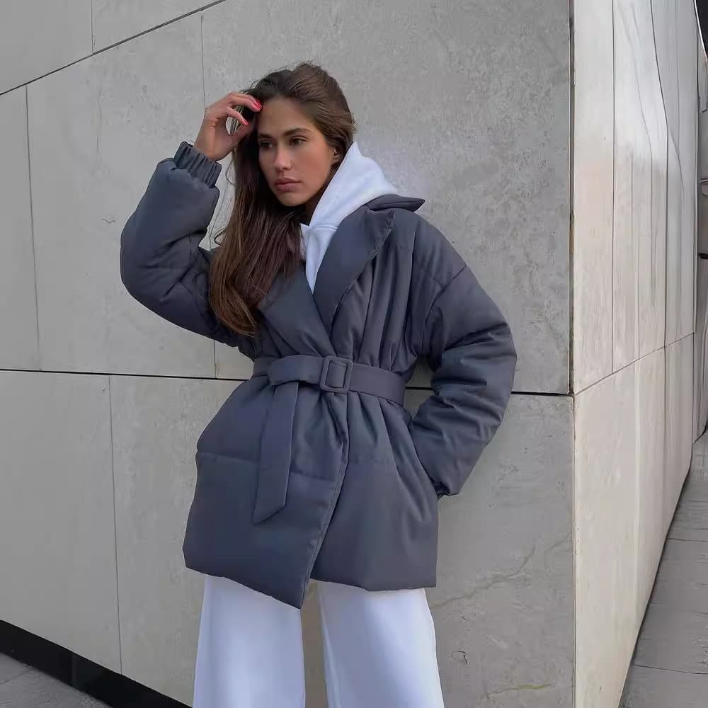 Women's Clothing winter new thick lapel waist cotton coat slim solid color cotton coat women