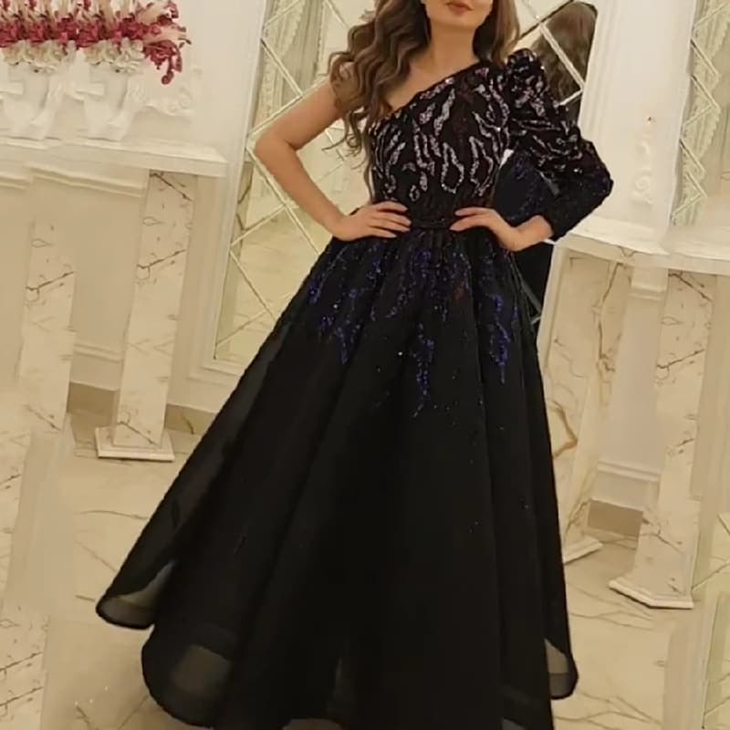 Women's long black sprinkle gold annual meeting host performance dress dress