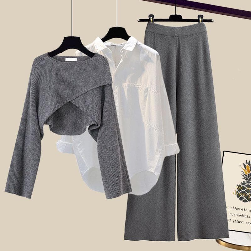 Women’s Clothing Fashion Autumn Suit Women Sweater Women New Large Size Women's Shirt Wide Leg Pants Three Piece Knitted Slim
