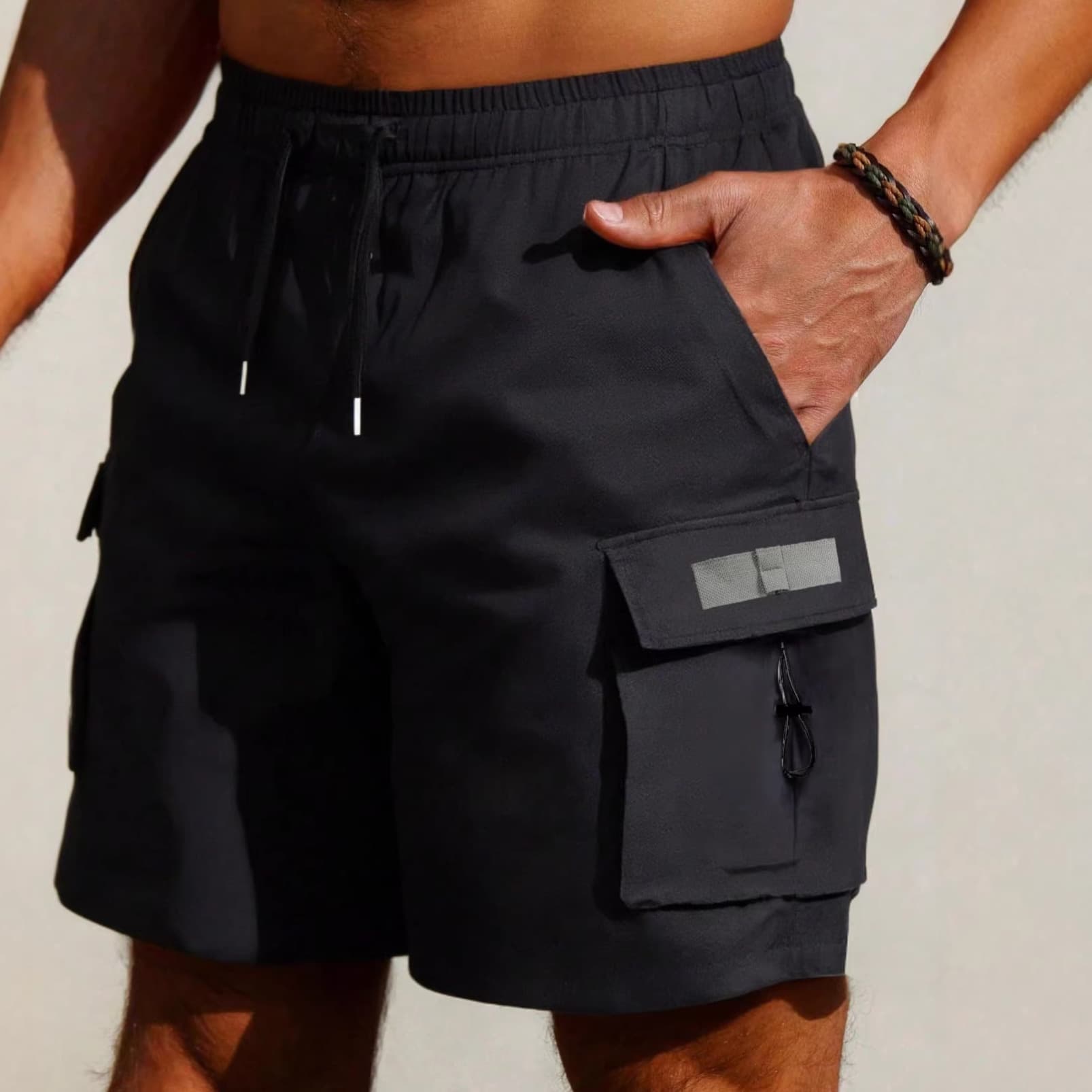 Men's Straight Fit Cargo Shorts – Breathable Polyester Summer Casual Shorts With Multiple Pockets (Black, Drawstring Waist)