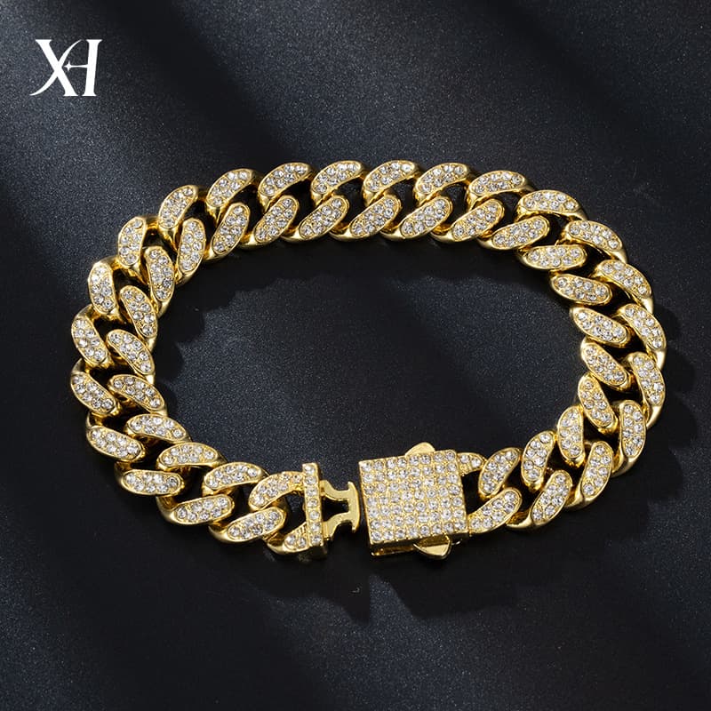 Hip Hop 13mm Spring Clasp Cuban Bracelet Alloy Full Diamond Thick Style Unisex Jewelry