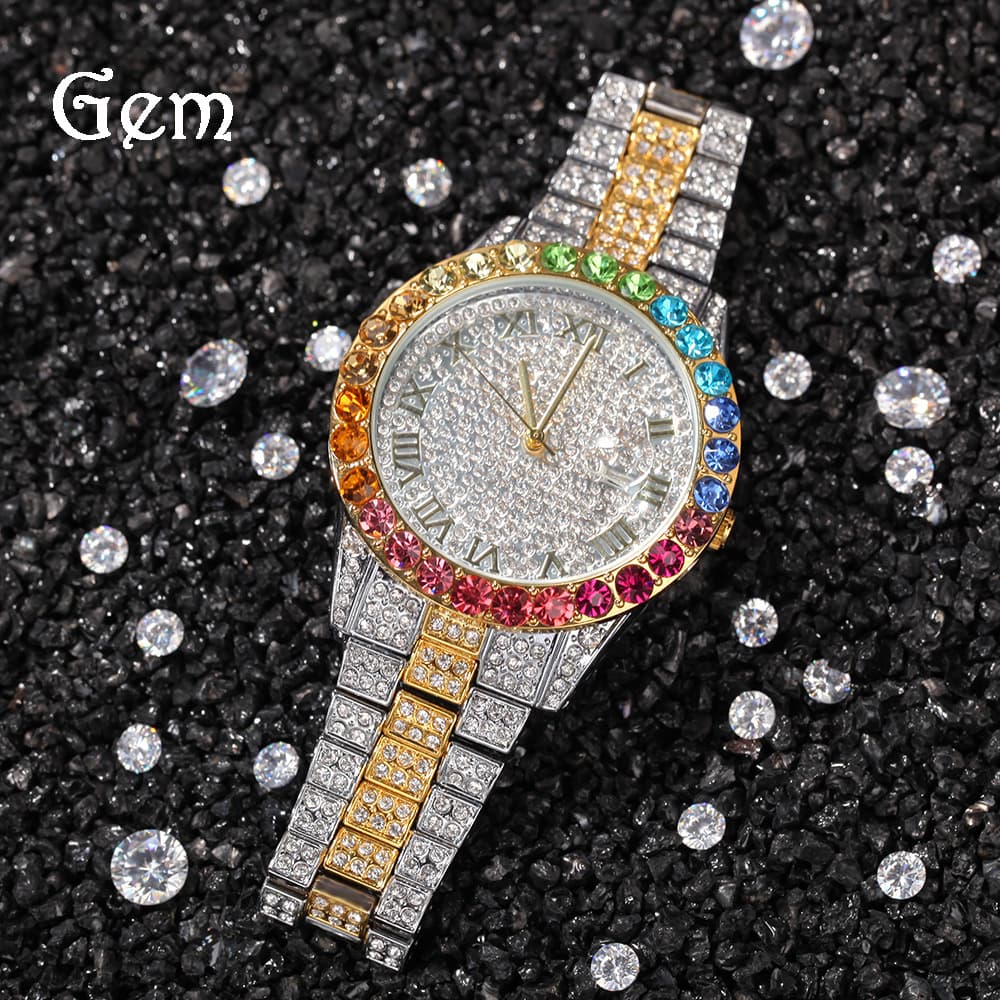 Casual Simple Watch Hip Hop Diamond Rainbow Gradient Calendar Quartz Watch