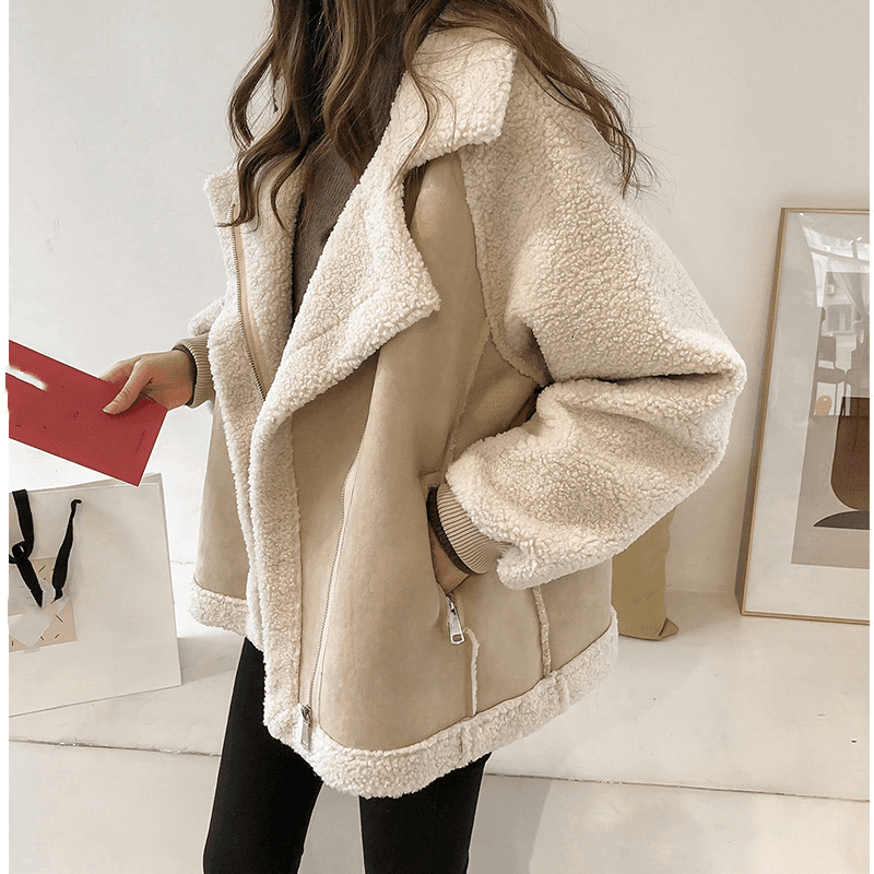 Women's Clothing chic loose fur one piece suede jacket women's short lamb velvet motorcycle jacket