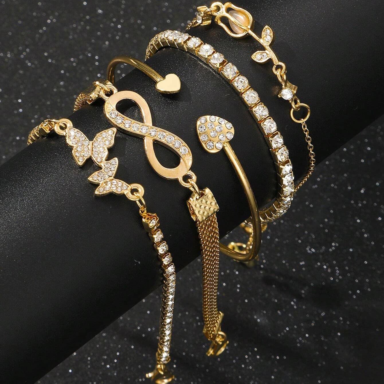 New Cross-border Diamond-encrusted Heart, Tulip, Figure-eight, And Butterfly Bracelet Set, Five-piece Fashion Versatile !