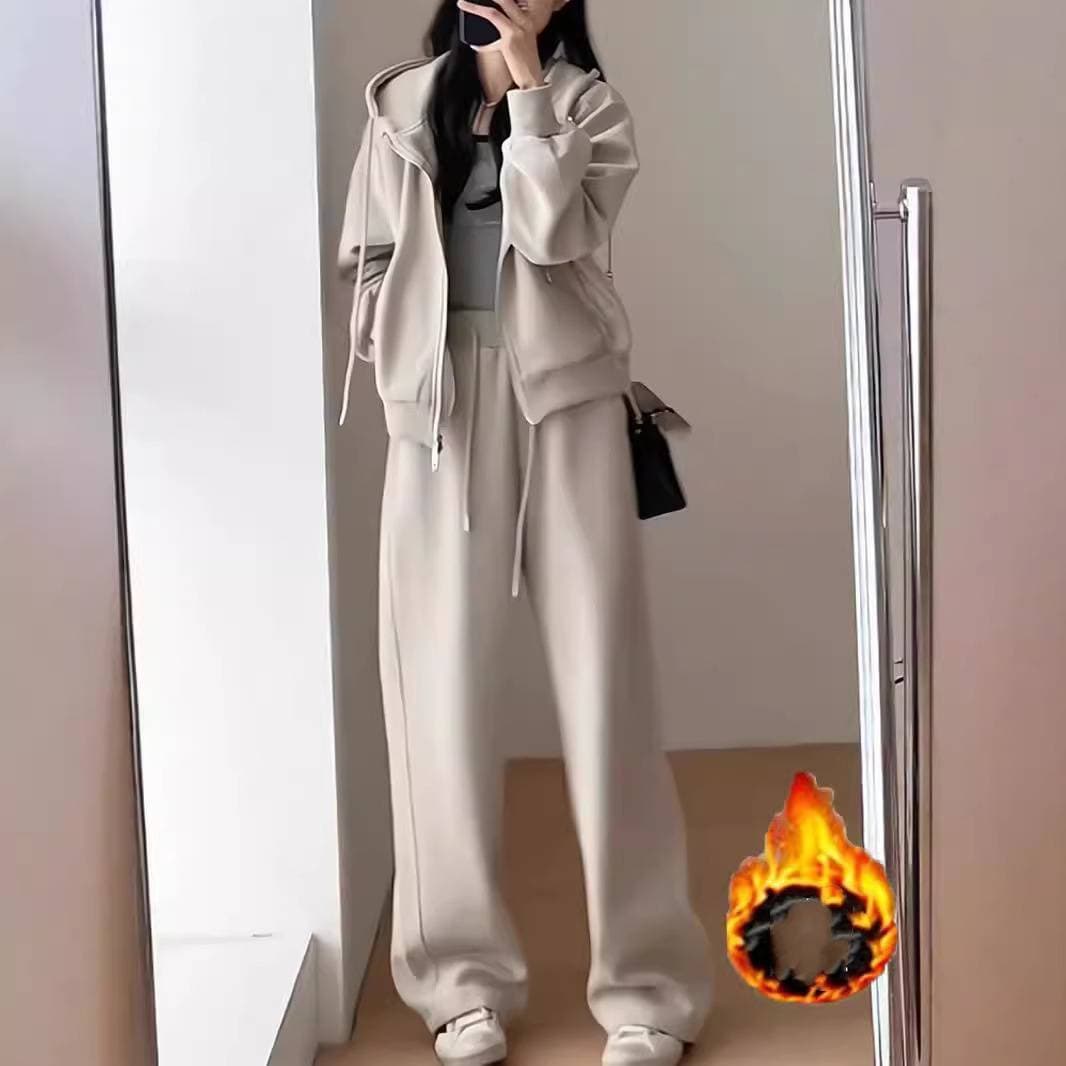 Women's Clothing loose and slim, student hooded sweater, casual, plus velvet and thickened two piece suit
