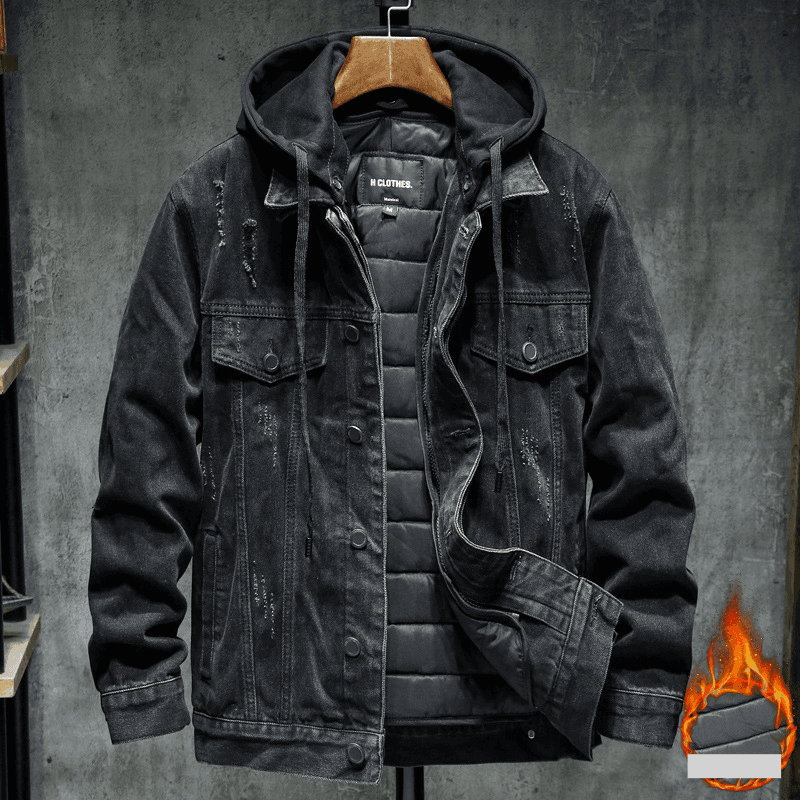 Men's Clothing Men's Denim Jacket Trendy Autumn And Winter Wear Plus Velvet Thickened Hooded Casual Versatile Workwear Functional Jacket Tops