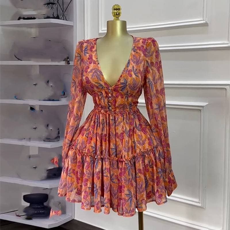 Women's Clothing Spring New Sweet Fresh Print V Neck High Waist Slim Dress Short Skirt