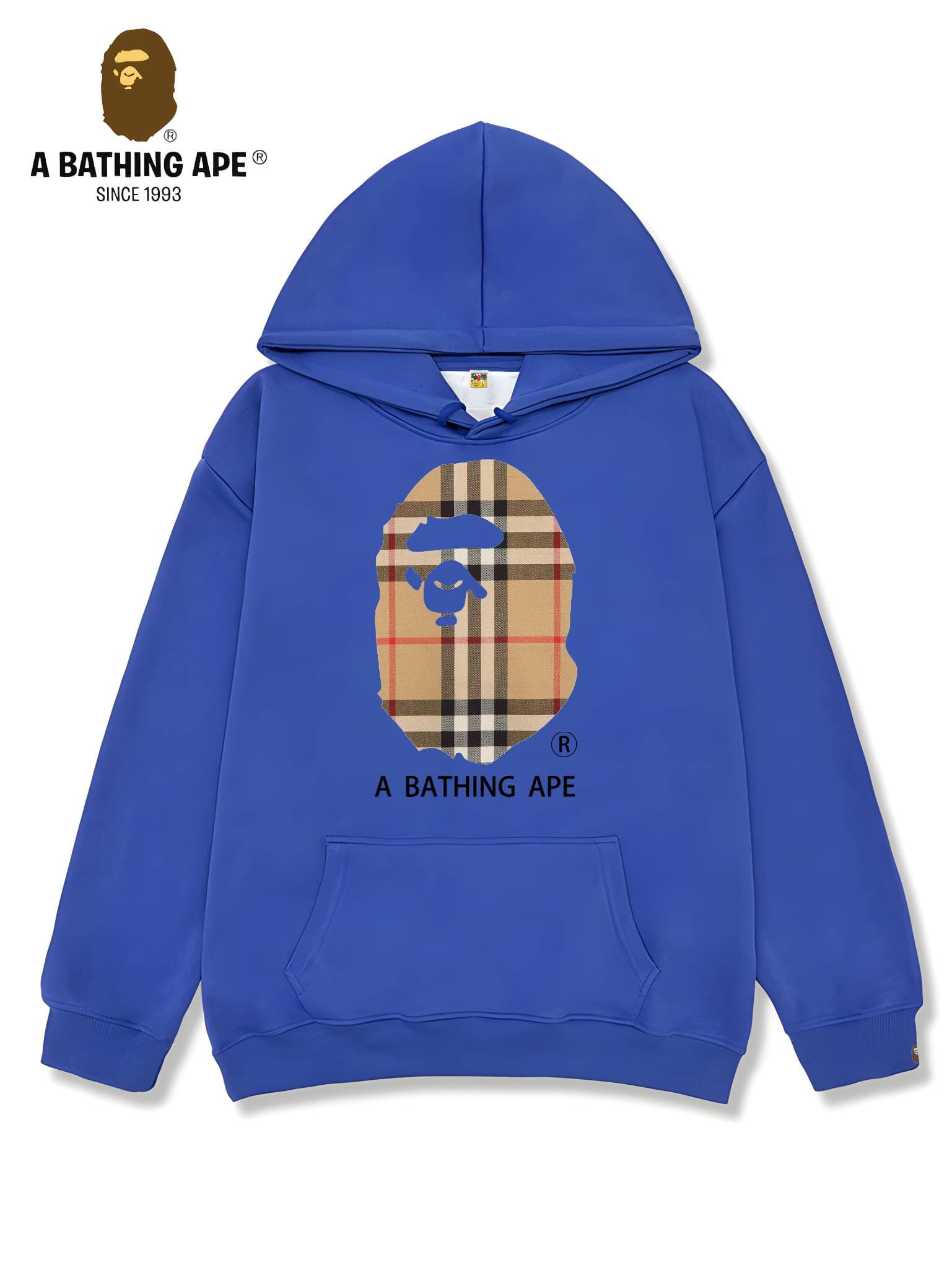 A Bathing APE BAPE-BAPE&BURBERRY Collaboration Striped Grid Ape Head Pattern Letter Logo Printed Hoodie Unisex