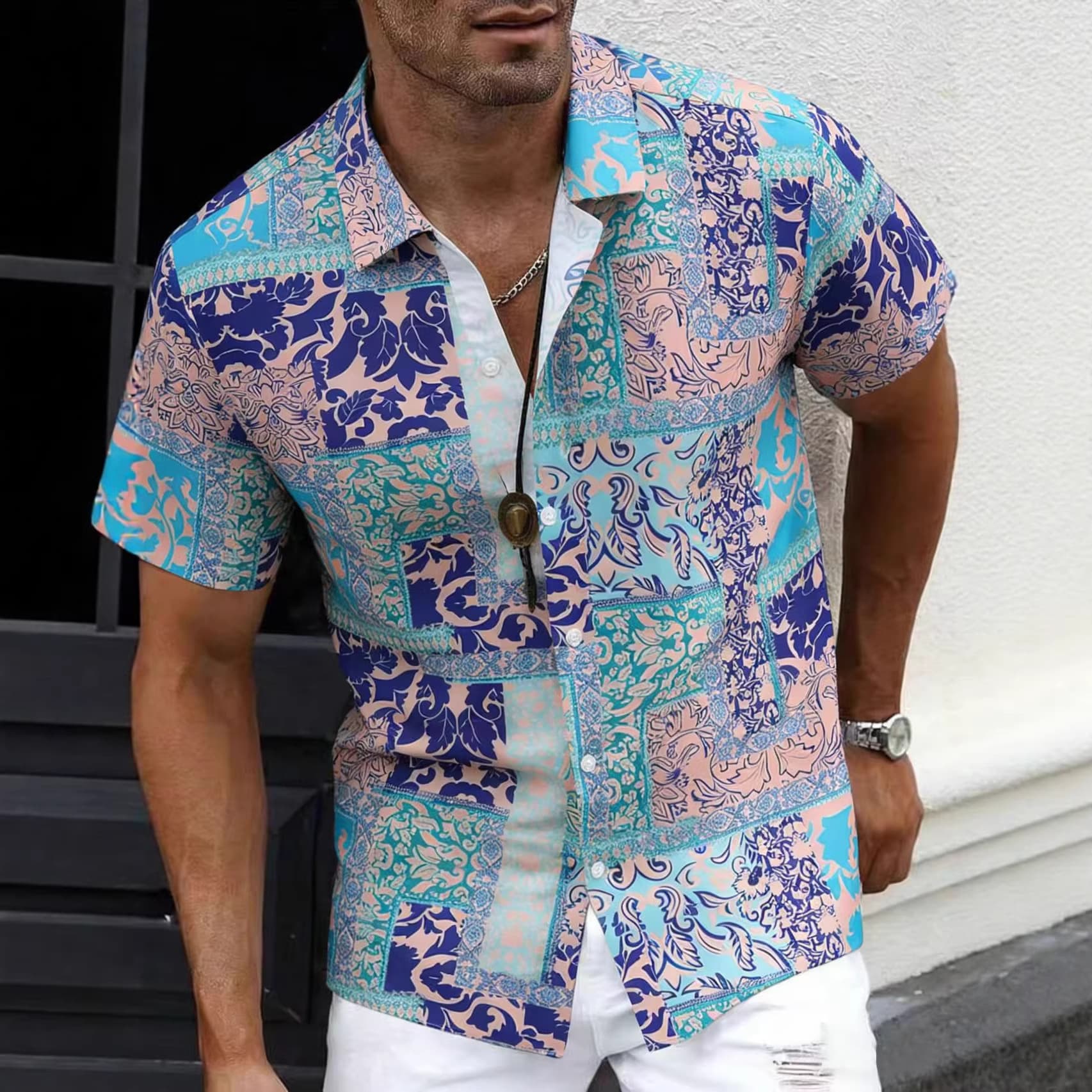 Men's Green Casual Beach Shirt Ethnic Style Outdoor 2024 New Cross Border Short Sleeve Shirt