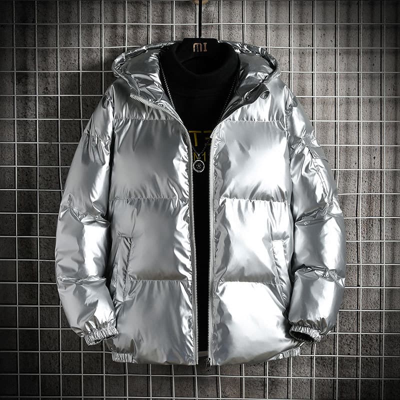 ​​Men’s Winter Puffer Jacket – Thickened Polyester Shell With Fleece Lining, Hooded & Zip-Up Short Coat In Metallic Colors​​
