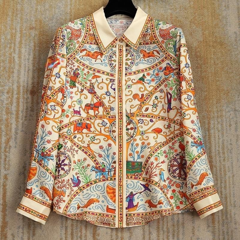 Position-printed Twill Faux Silk Shirt Long-sleeved Top