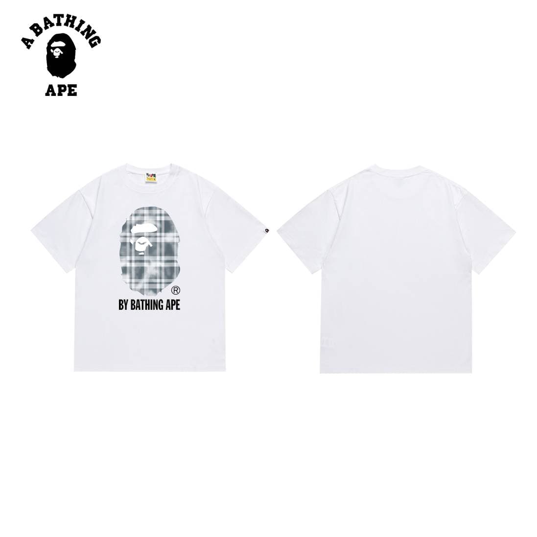 A BATHING APE BAPE-Bleached Plaid Monkey Head Letter Pattern Printed T-shirt Made Of Pure Cotton Fabric