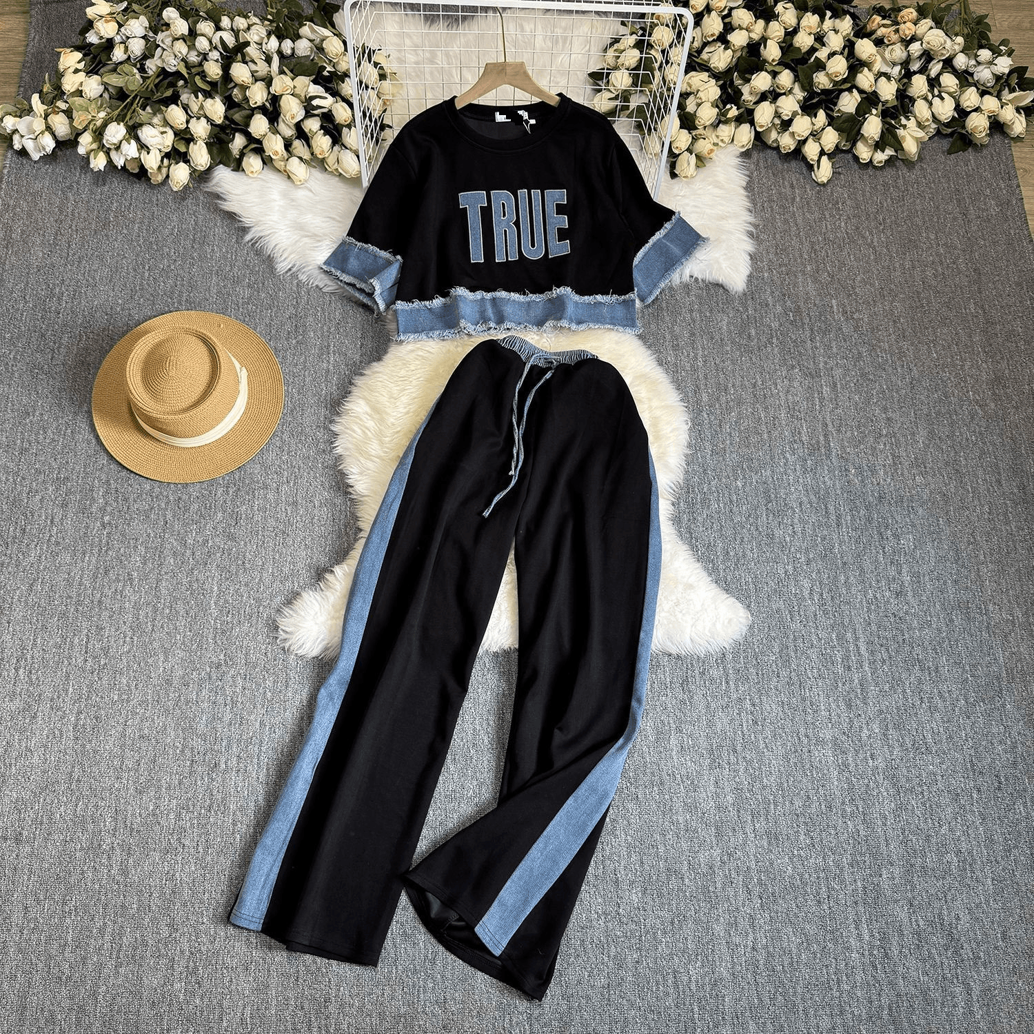 Women's Clothing Short Sleeve Top Wide Leg Trousers Contrast Color Two Piece Sports Leisure Suit For Women