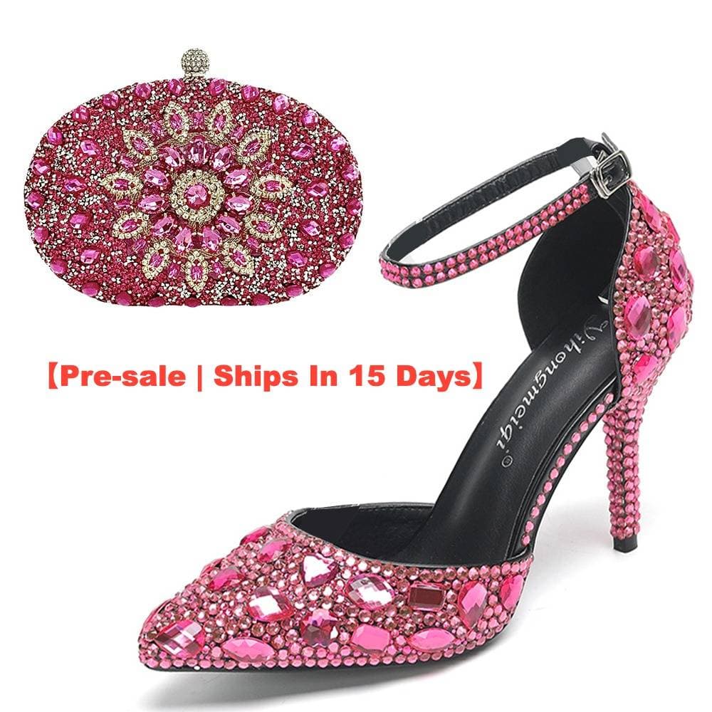 【Pre-sale | Ships In 15 Days】Women's Shoes Stiletto Combination Banquet Pointed Low Top Solid Color Wedding Diamond High Heels