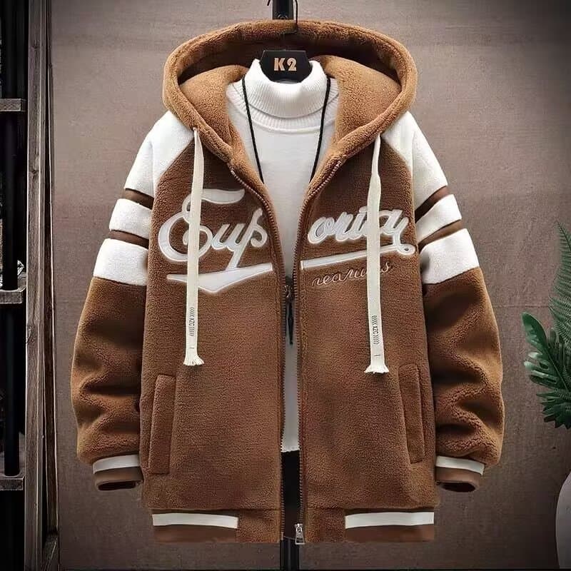 Men's Clothing Autumn And Winter Plus Fleece Lambskin Jacket For Boys Autumn Student Thickened Sweater Hooded Jacket Cotton Clothes Youth