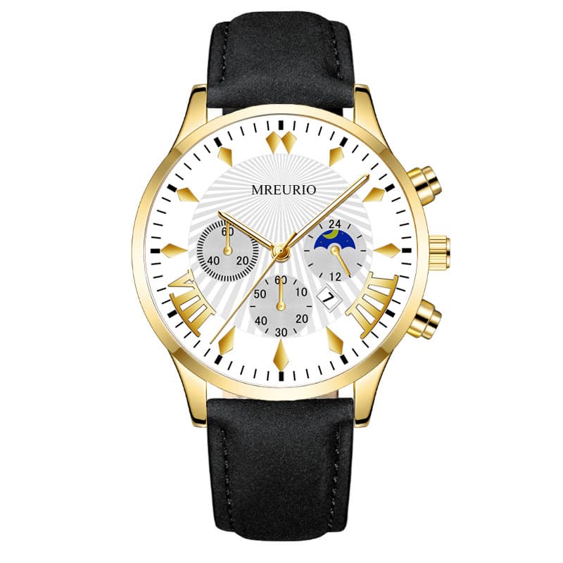 Men's Watch Men's Watch Fashion Watch Three-eye Six-pin Business Calendar Moon Quartz Watch Belt Men's
