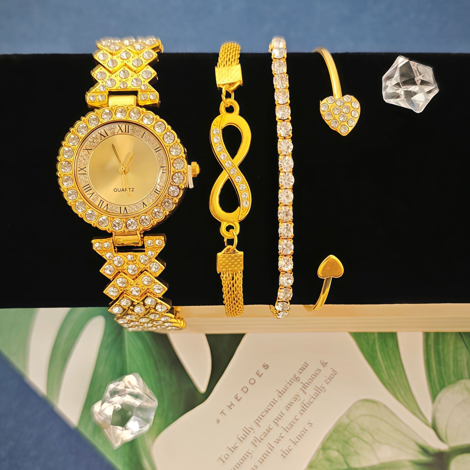 Elegant Gold-Plated Diamond Accent Women's Quartz Watch Set - Fashionable & Stylish Jewelry Timepiece